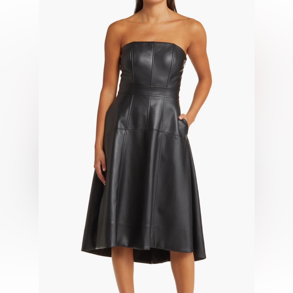 NWT En Saison size S black faux leather hi-low dress